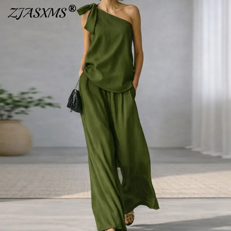 Women's 2 Piece Set 2026 Spring Sexy One Shoulder Tie Knot Top And Wide Leg Pants Suit Casual Loose Summer Beach Vacation Outfit