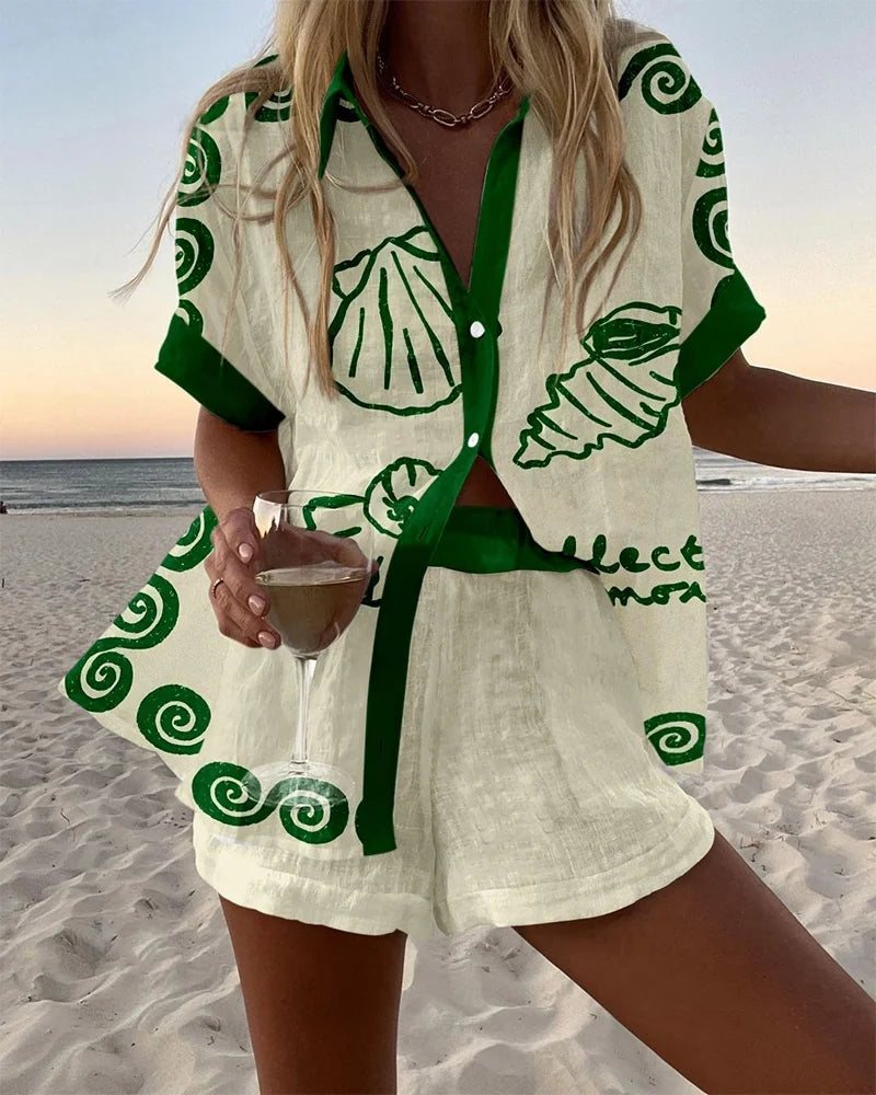 Fashion Women's Beach Holiday 2-Piece Suit Summer Print Short Sleeve Shirt Wide Legs Short Loose Two-Piece Sets Women Outfit