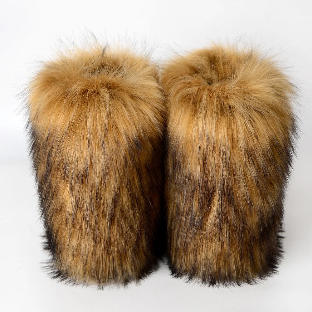 Women's Winter Snow Boots Outdoor Luxury Furry Faux Fox Fur Boots Woman Plush Warm Platform Shoes New Fashion Bottes Big Size 46