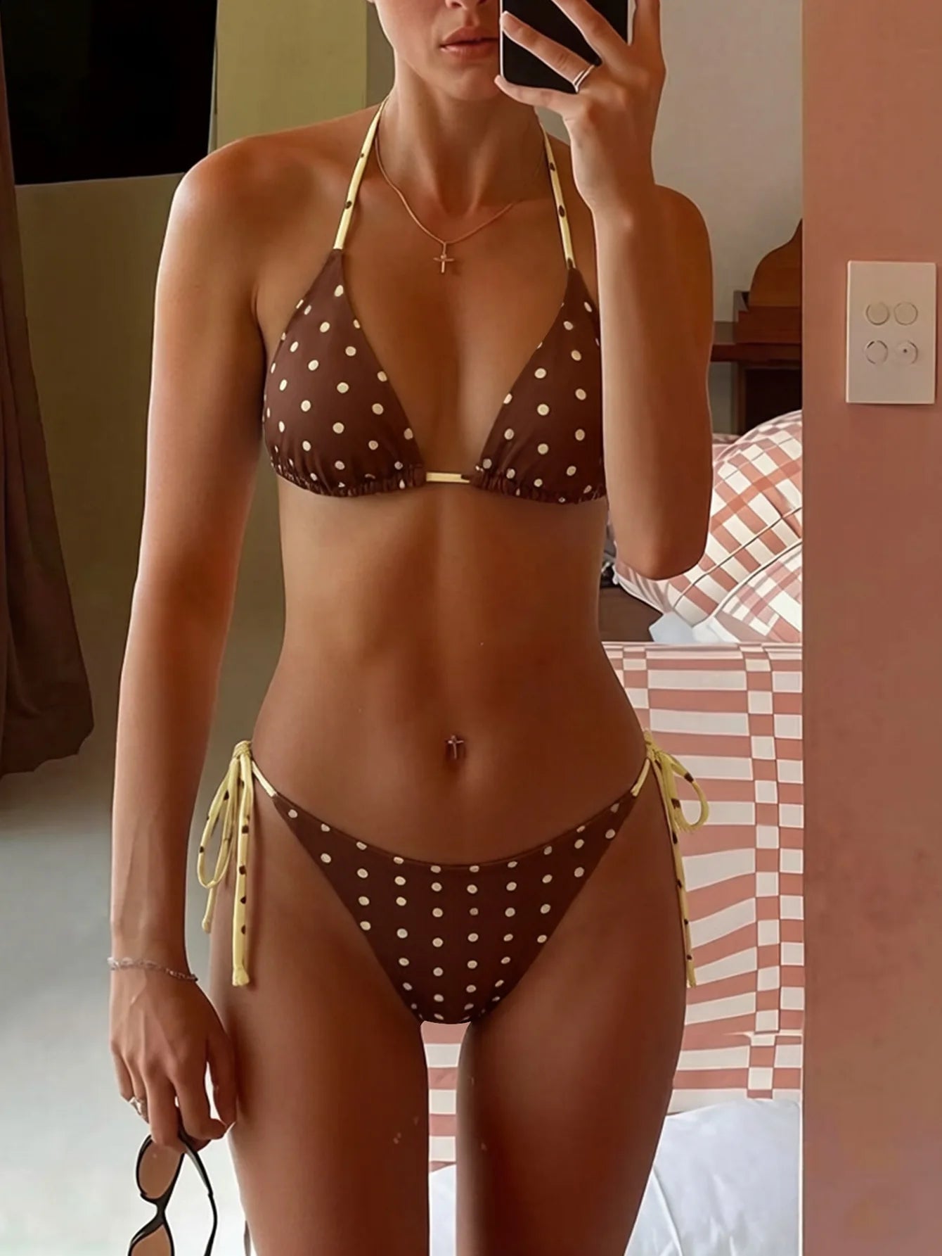 2026 Retro Polka Dot Tie Side Bikini Set for Women, Sexy Push Up Halter Neck Swimwear, High Waist Beach Bathing Suit, Summer