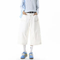 White denim pants men capri pants fashion trendy summer denim fabric visible stitching design, streetwear outdoor sports pants