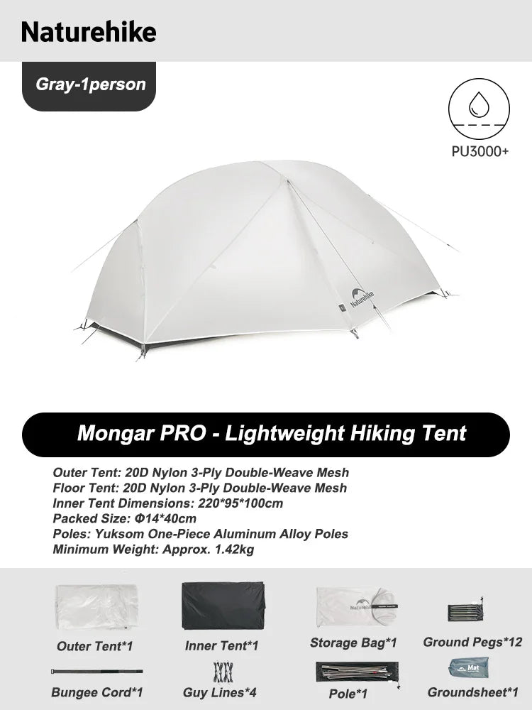 Naturehike Mongar Tent Camping Tent 2 Person Ultralight Professional Waterproof & Windproof Backpack Tent 20D Nylon Travel Tent