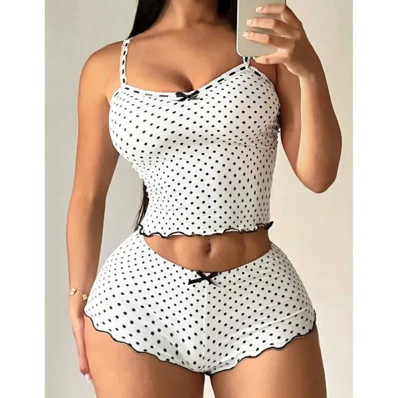 Women's Polka Dot Cami & Shorts Pajama Set Summer Sexy Breathe Tank Top Sleepwear 2 Piece Set Casual Soft Lounge Wear