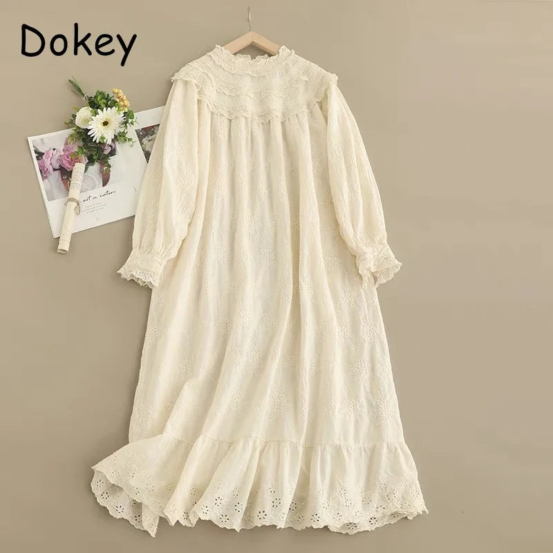 Vintage Embroidery Hollow Out Cotton Linen Dress Women Spring Mori Girl Lace Ruffled Casual Long Sleeve Loose Pullover Vestidos