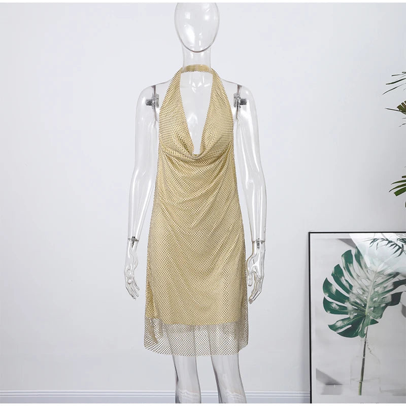 Sexy Diamond Halter Dress Women Shinny Sleeveless Backless V-neck Slim A-line Dresses Female 2026 Spring Summer Party Lady Robes