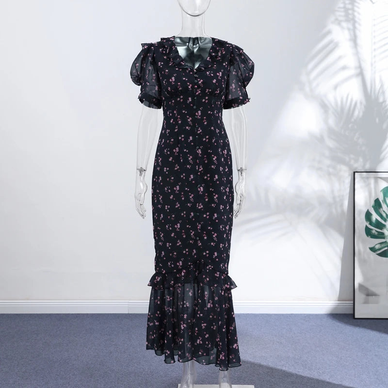 Elegant Printed Lace Trim V-Neck Dress Women Puff Sleeve Ruffled Hem Slit Maxi Dresses 2026 Summer New Lady Fashion Evening Wear