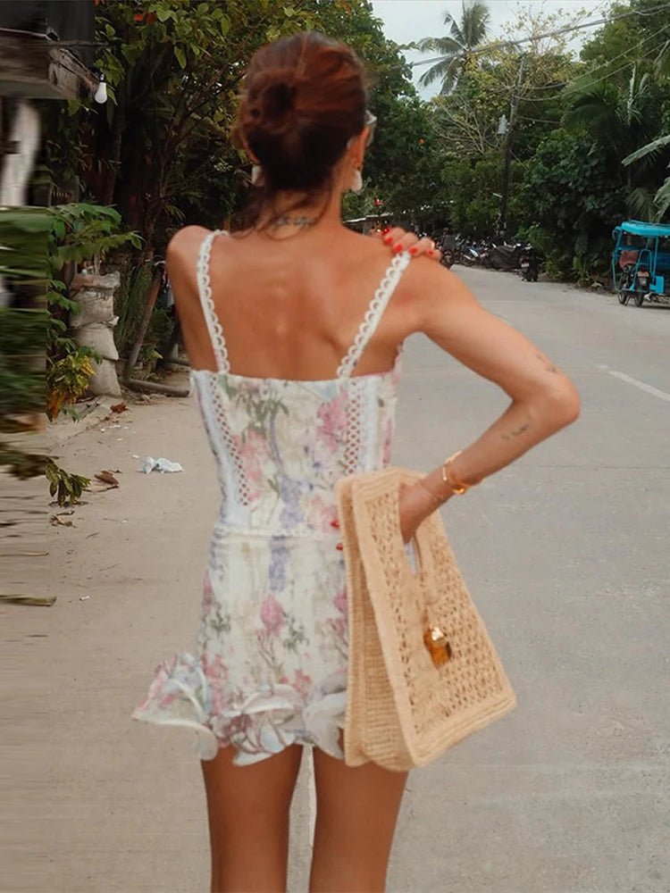 Sexy Women's Floral Printed Mini Ruffle Skirt Set Slim Lace Trim Hollow Spaghetti Strap Top Pleated Skirts 2026 Summer Lady Suit