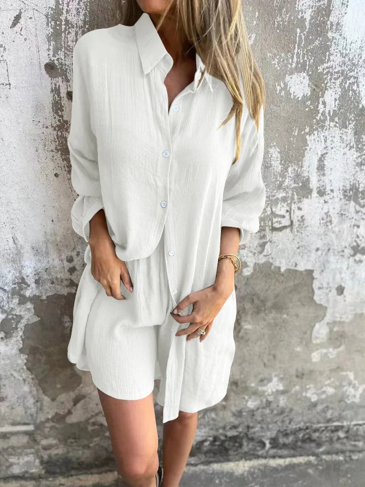 2026 Women's Casual Solid Color Cotton and Linen Shorts Long Sleeve Wrinkle Shirt Two-piece Set