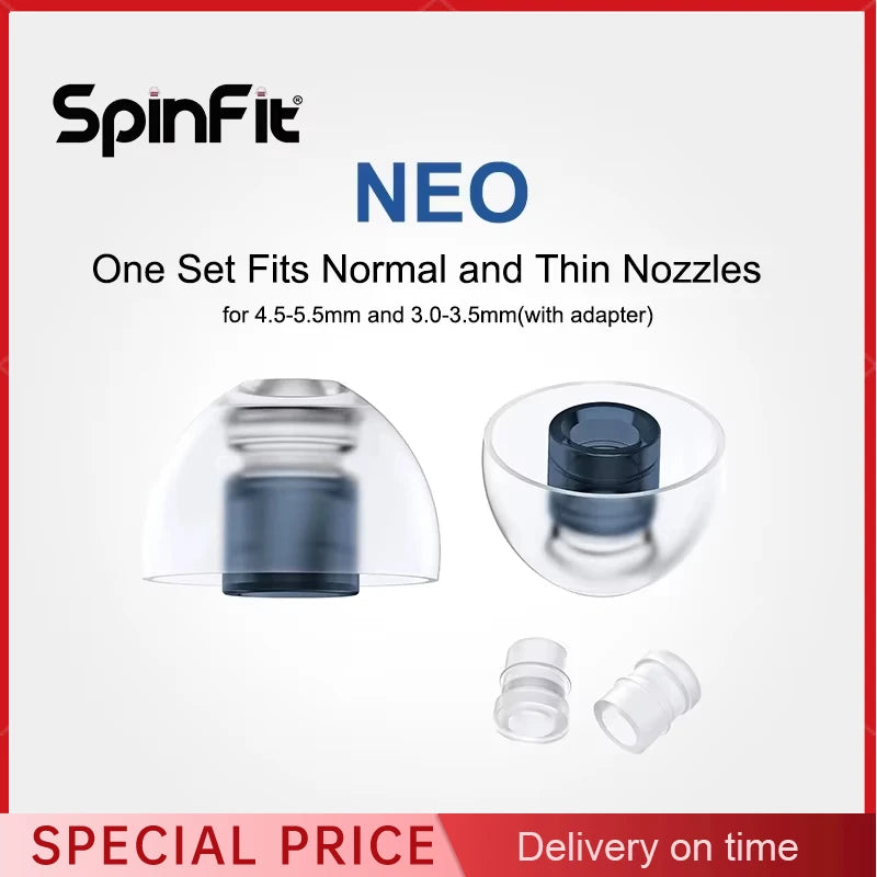SpinFit NEO for IEM Silicone Patented Eartips Secure Fit Comfort Reduce Allergic Reaction with Adapters for Slim Nozzles 1 pair