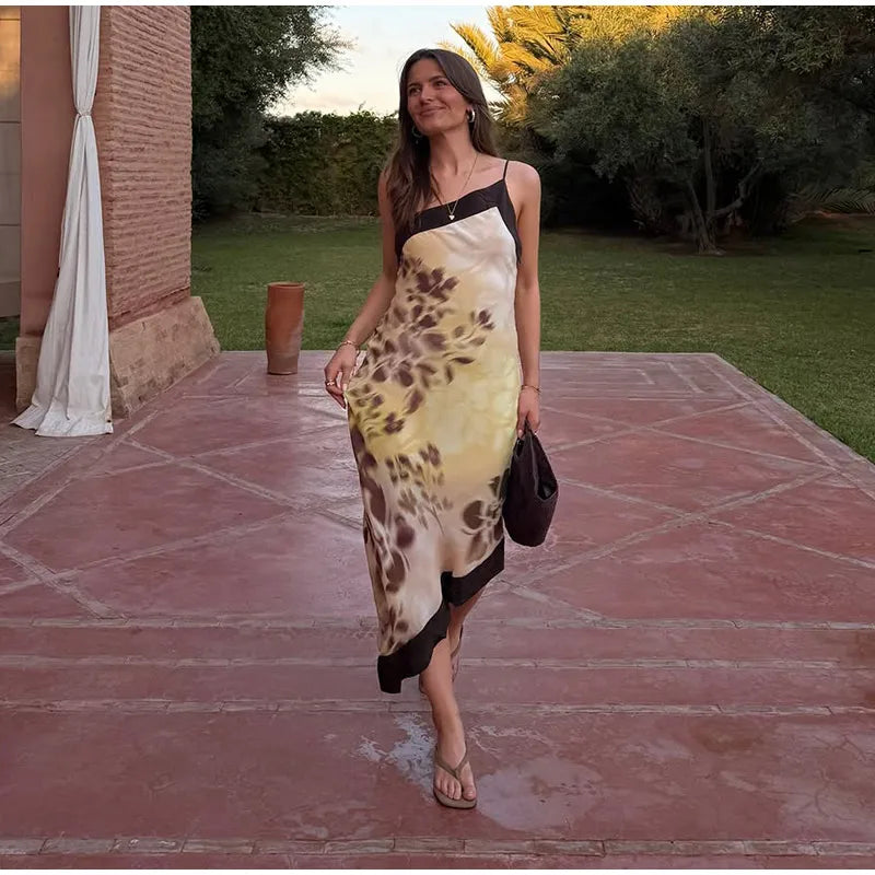 Yellow Brown Tie-Dye Midi Dress Print Halter Neck Open Back Asymmetric Hem Chiffon Dresses 2026 Party Women Fashion Chic Outfit