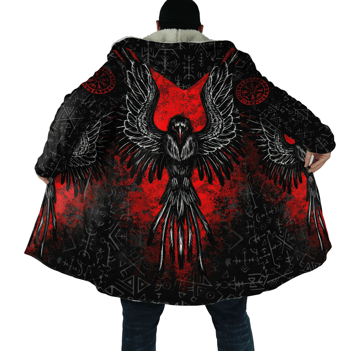 Winter Fashion Mens cloak Norse Odin Raven Tattoo 3D Printed Thick Fleece Hooded Coat Unisex Casual Warm Cape coat DP23