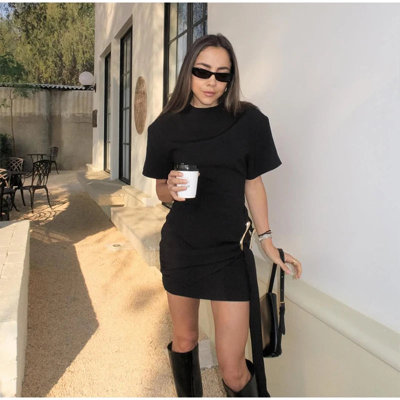 Elegant Mini Dress Woman Ribbons Slim O-neck Short Sleeve Above Knee Dresses Female Spring Summer Party Robe Lady High Street