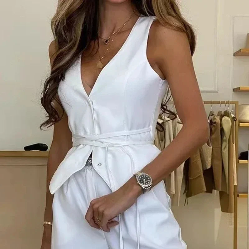 Women Elegant Chic Lace-up V-neck Vest Solid Slim Sleeveless Tops Female Spring Fashion Sexy Lady Streetwear