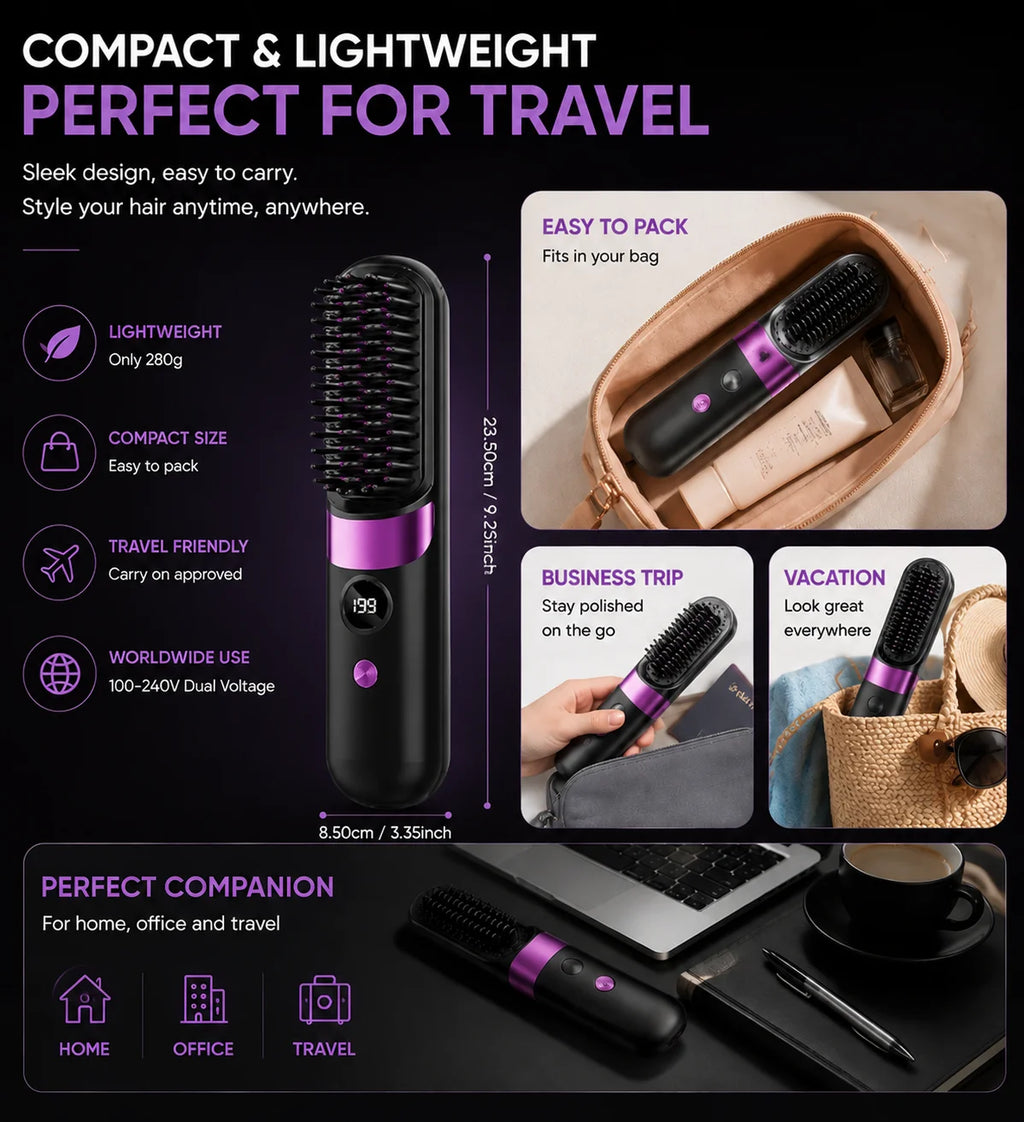 Portable Hair Straightener Brush USB Charging Cordless Hot Comb Ceramic Coating Ionic Anti Frizz Styling Tool