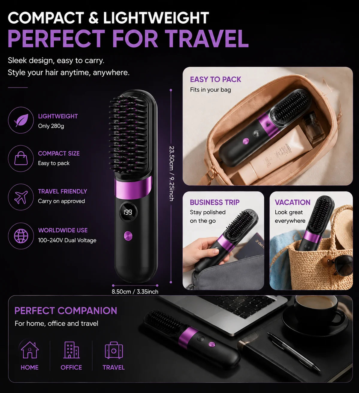 Portable Hair Straightener Brush USB Charging Cordless Hot Comb Ceramic Coating Ionic Anti Frizz Styling Tool