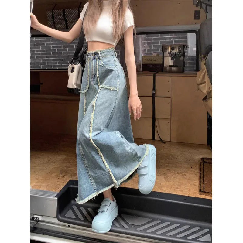 Women's Tassel Denim Long Skirts, Vintage Pocket, A-line Jeans Skirt, High Waist, Women's Fashion, Spring, S-5XL