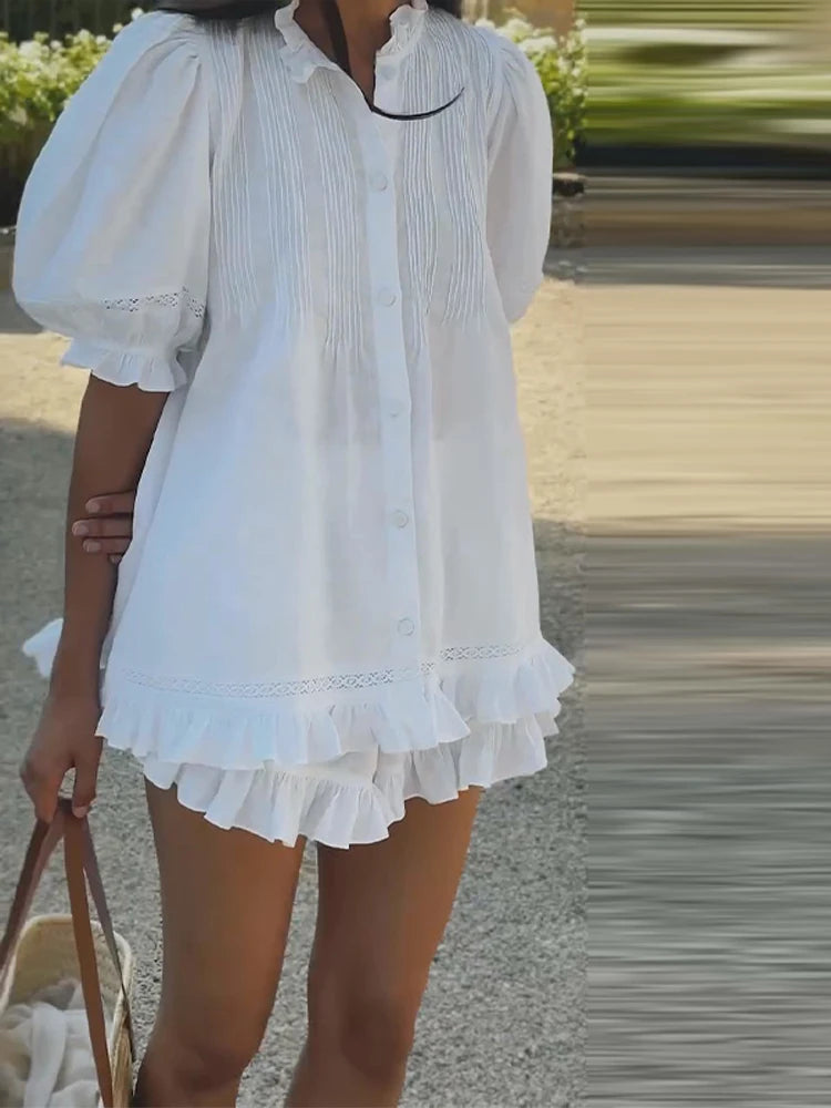Casual Print Women Shorts Set Ruffles Puff Sleeve Button Top Empire Elastic Waist Pants 2026 Summer Autumn Beach Lady Outfit New