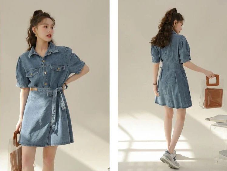 2026 Summer New Slimming Short Sleeve Midi Denim Dress Stylish Trendy Waist Cinching Women's Popular Wear