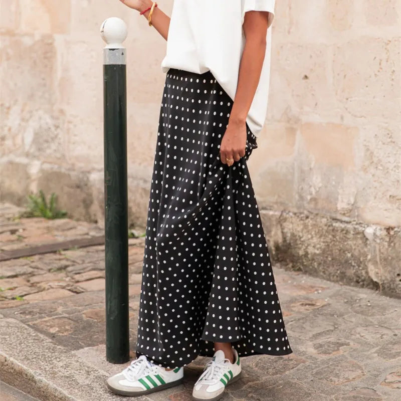 Women Polka Dot Maxi Skirt Elegant Bodycon A Line Flare Long Skirts Cute Dots Print Flowy Maxi Satin Skirt Vintage Streetwear