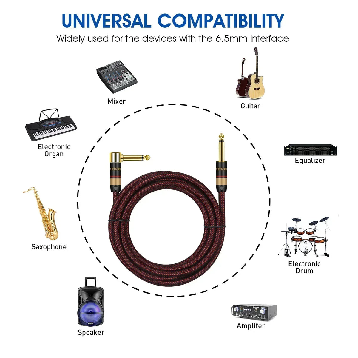 DREMAKE Premium 6.5mm to 6.5mm Guitar Audio Cable Mono 6.35mm Quarter Inch Male to Male Instrument Patch Cord for Bass E-Piano