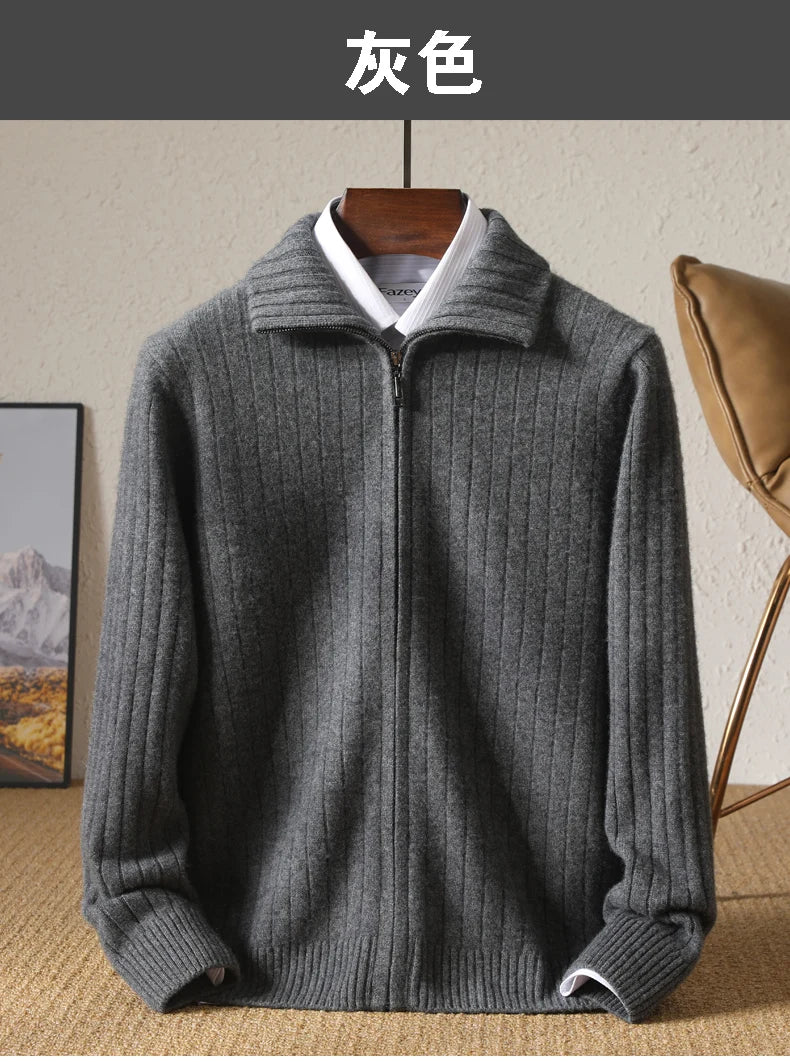 Men's Coat Winter Thickened New 100% Merino Wool Sweater Business Casual Zipper Lapel Cardigan Long Sleeved Warm Knit Jacket