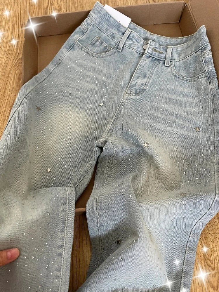 Spring Autumn Women Light-colored Stars Rhinestone Shiny Slim Wide-leg Baggy Jeans Fashion Joker Straight Pants Female Clothing
