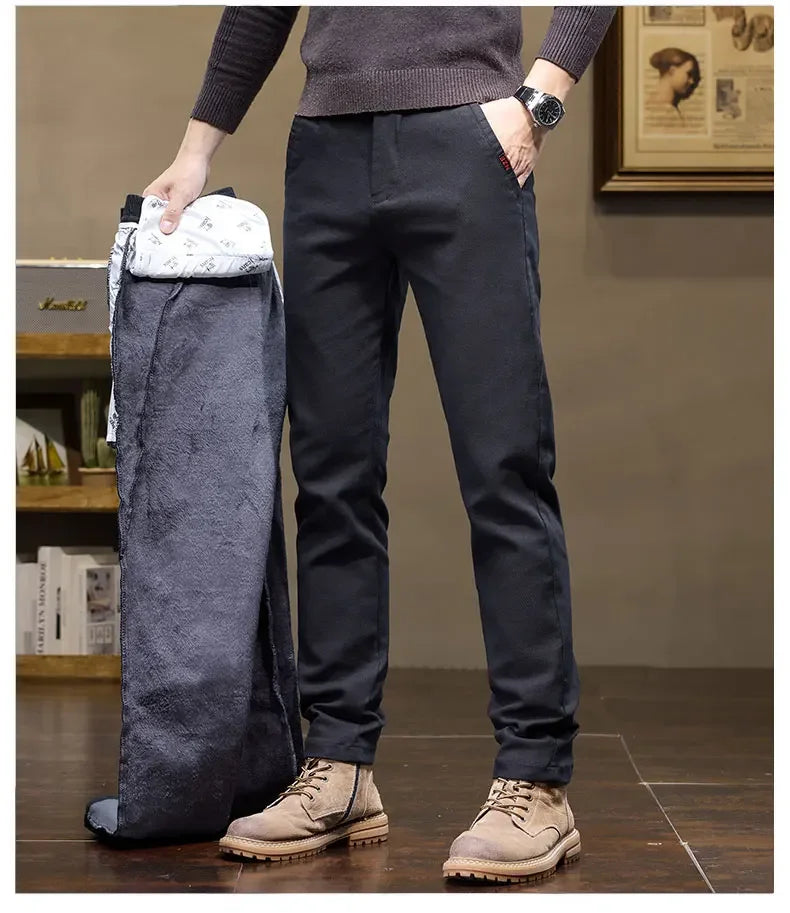 Korean Fashion Fleece Men's Casual Pants Slim Straight Youth Warm Trousers Thickened Thermal Stretch Male Clothes Trendy Brand