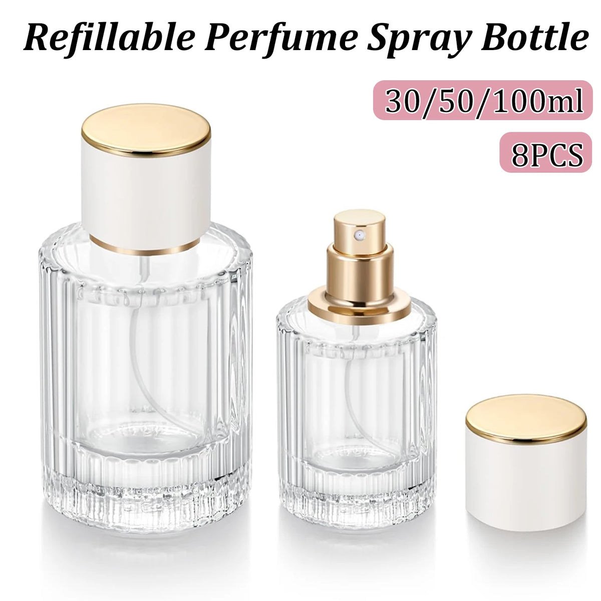 30/50/100ML Transparent Glass Perfume Bottles with Vertical Stripes Spray Atomizers for Essential Oils Fragrances Aromatherapy