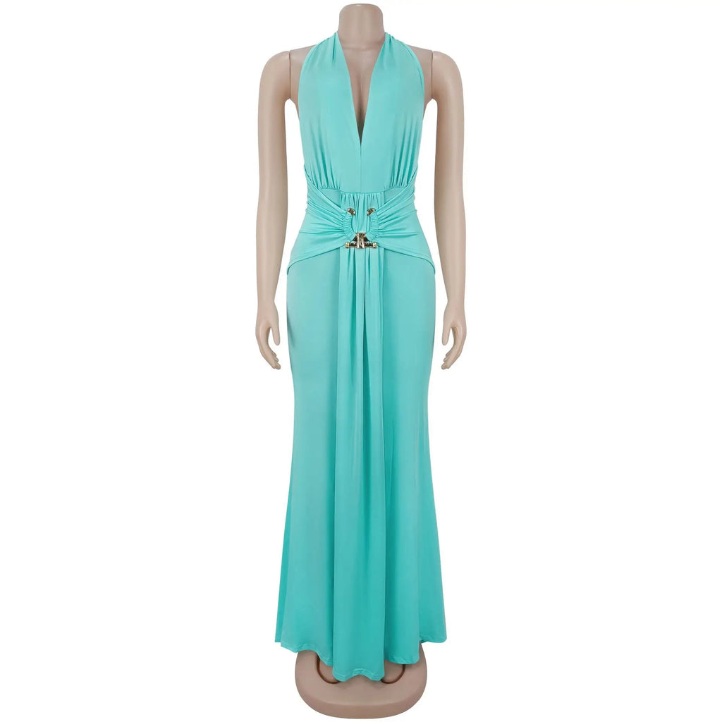 EINY Sexy Women White Halter Maxi Dress Elegant Backless Ruched Bodycon Long Gown Party Club Night Birthday Mermaid Dresses Y2K