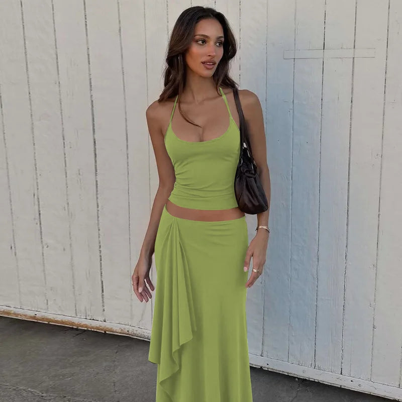 Hugcitar Fashion 2 Pcs Sets Halter Solid Backless Lace Up Sexy Crop Tank Top Ruched Maxi Skirt Women Outfit Beach Vacation Sport
