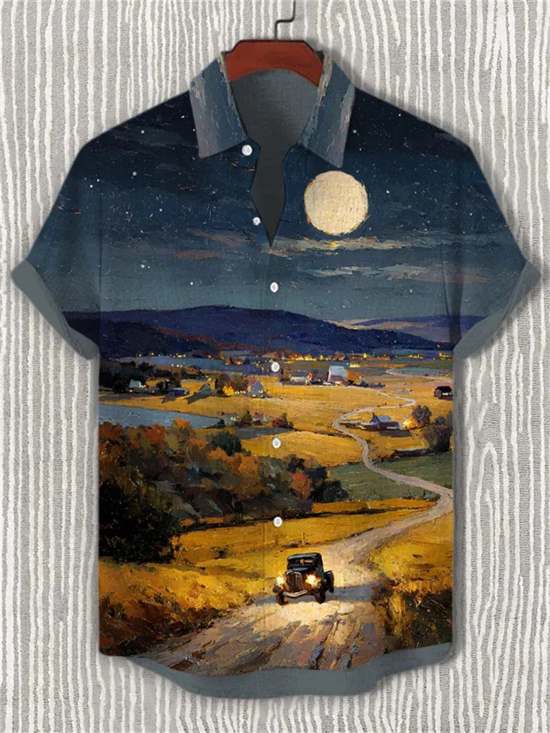 Hawaiian Casual Shirt Men's Summer 3D Wave Print Retro Short Sleeved Linen Top Suitable for Clothing Tops