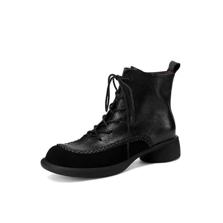 New Autumn Winter Genuine Leather Women Boots Fashion Lace Ankle Boot for Women Short Boots Shoes Chunky Heel Botines Mujer