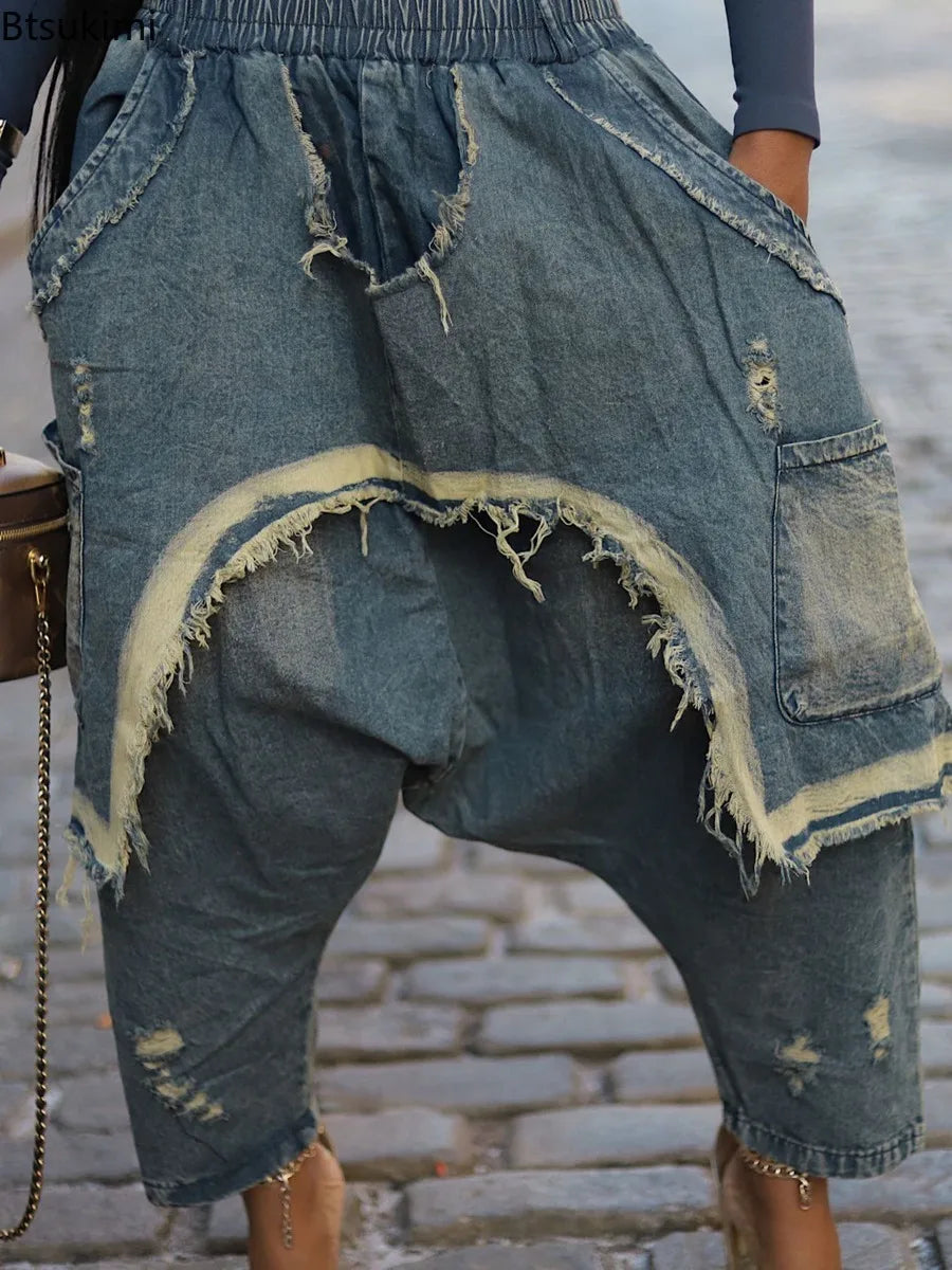 New Vintage Distressed Frayed Ripped Jeans Women's Fashion Loose Harem Pants Casual Hip Hop Streetwear Denim Trousers for Women