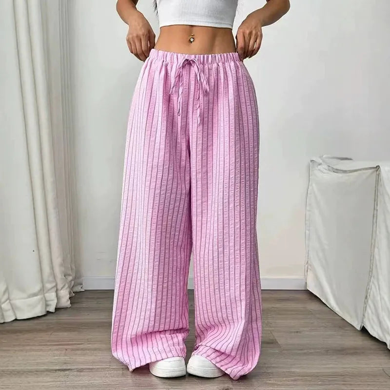 Women's Casual Striped Wide-Leg Pants   Summer Commute Fashion Drawstring Elastic Waist  Versatile Relaxed Straight Leg Trousers