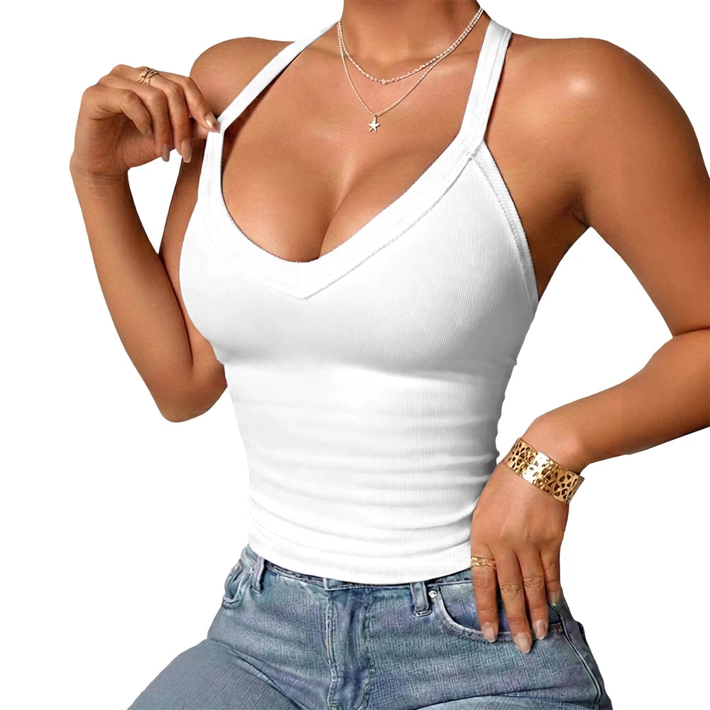 Women Deep V Neck Sleeveless Racerback Camisole Ribbed Slim Fit Stretchy Tank Top Casual Street Workout Layering Vest Shirts