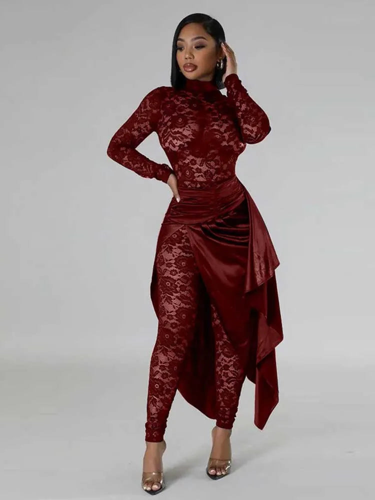 Spring Elegant Woman Jumpsuit Sexy Transparent Lace Full-length Jumpsuit Long Sleeve Jumpsuit with Dress Wholesale Dropshipping