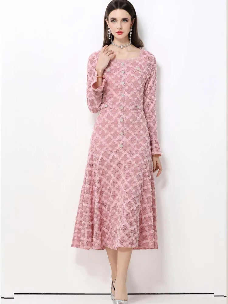 Elegant Square Neck Lace Three-Dimensional Flower Trumpet Sleeve Slim Fit Dress 2025 New Fashionable Autumn Women'S Clothing