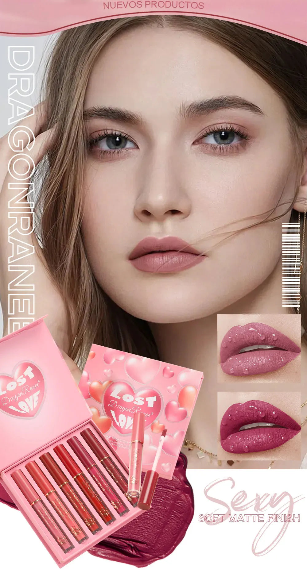 Set of Six Lip Glazes, Matte and Fine Texture, Easy to Apply, Non-Stick, Waterproof and Sweat-Proof, Versatile for Daily Use, Lip Gloss and Lipstick Set