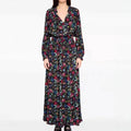 Elegant Black Floral Print Long Sleeve Slimming Dress High Waist A-Line Skirt V-Neckline Silk Fabric Spring Summer New Arrival