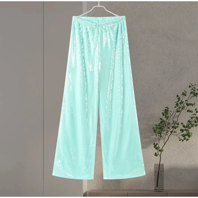 Street Sequin Loose Lace Up Pants Women Elastic Waist Wide Leg Trousers Female 2026 Spring Summer Lady Shiny Party Club Clothes