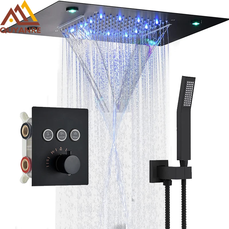 Digital Display Thermostatic Rain Shower System Set 14 X 20 Inch Waterfall Rainfall LED Ceiling Shower Head with HandShower