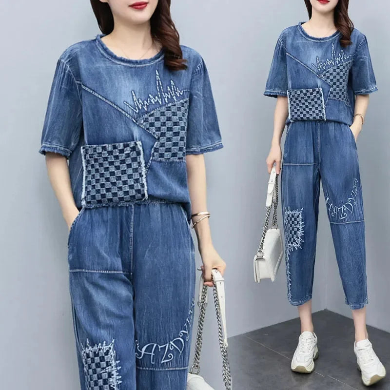 2026 Summer Women Embroidered Mosaic Lattice Denim Two-Piece Suit Fashion Sportswear Female Casual Loose 2 Piece Set Ladies