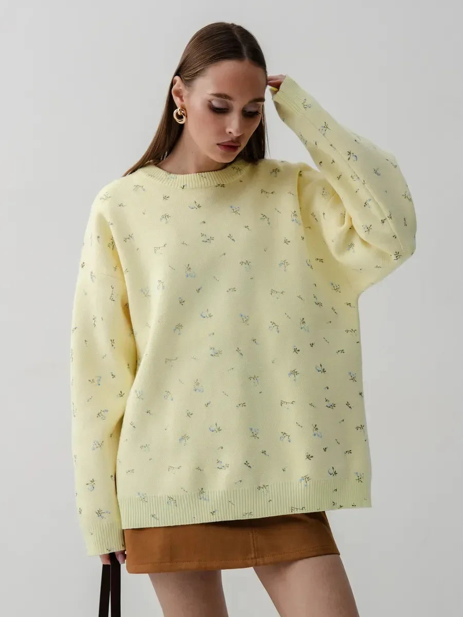 Women's Cream White Floral Print Longline Knit Sweater Crew Neck Relaxed Fit Cardigan with Flowers Fall Winter Boho Chic