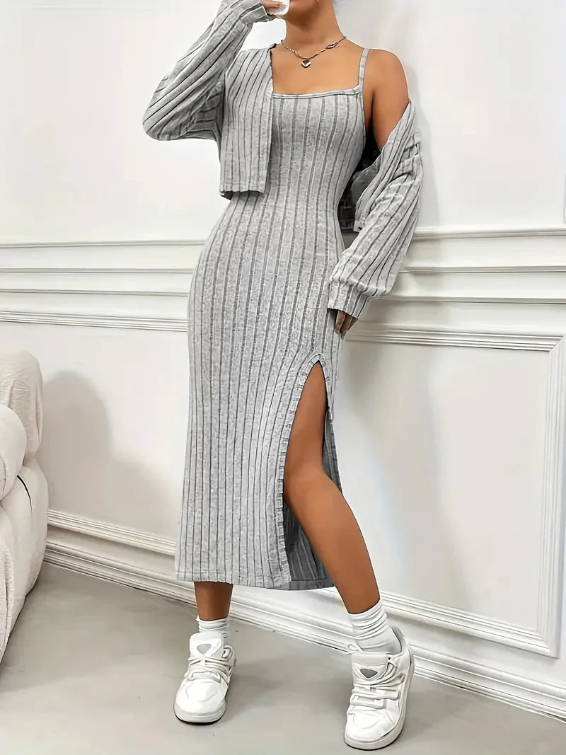 Plus Size Women 2 Piece Ribbed Knit Matching Set Long Sleeve Open Front Cropped Cardigan Spaghetti Strap Side Slit Midi Bodycon
