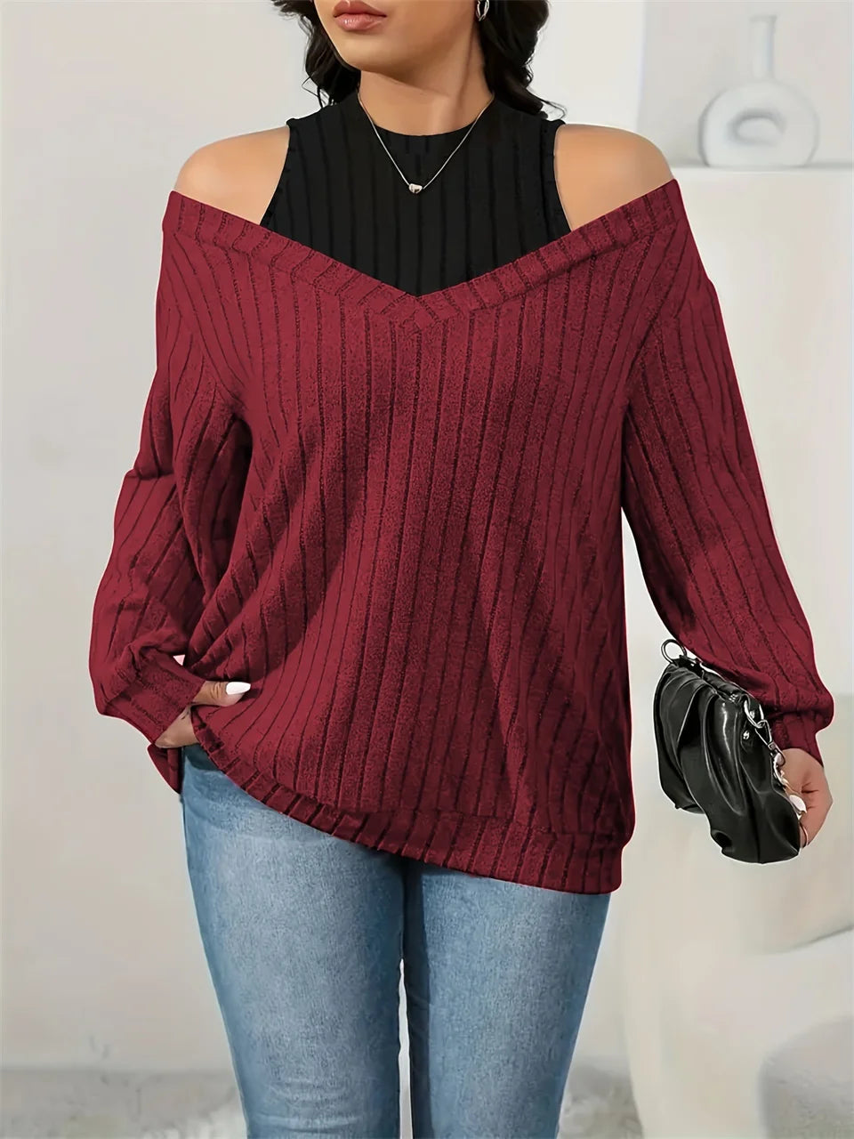 GIBSIE Plus Size Cold Shoulder 2 In 1 Rib-knit Tee Women 2025 Spring Fall Casual Loose O-Neck Long Sleeve T-Shirts Top Female