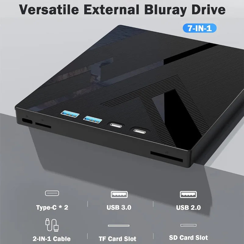 7 in 1 External Blu Ray Drive Support 100G Disc, Portable BD DVD CD -/+RW Player Burner Bluray CD Reader with SD/TF Card Slot