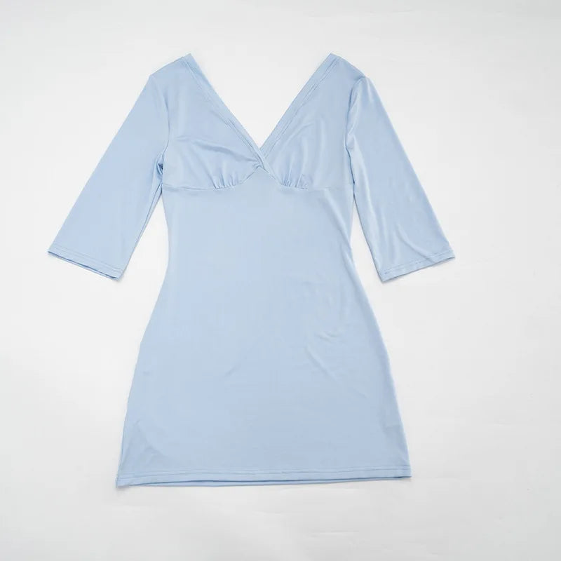 2026 Summer New V-Neck Mini Dresses Women Half Sleeve High Waist Commute Bodycon Dress Clothes Female Slim Short Dresses