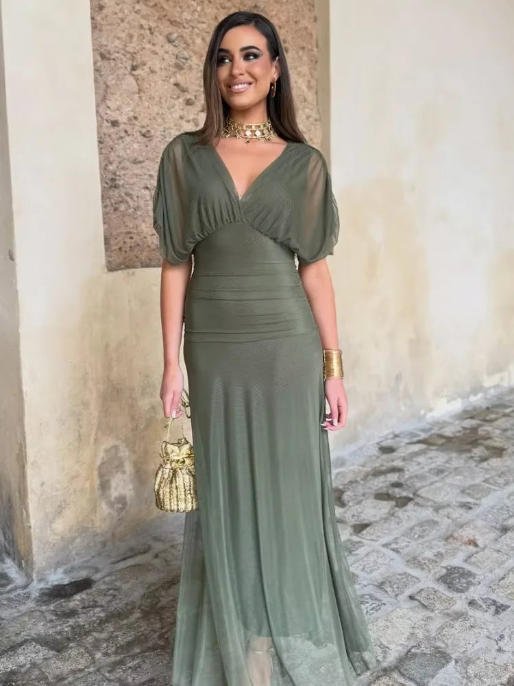 Women Solid Deep V-neck Mesh Long Dress Elegant Puff Short Sleeve Ruched Waist High Vestidos 2026 Summer Lady Casual Street Robe