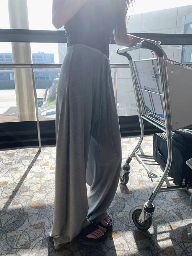 Women's Straight Pants Spring Summer Loose Casual High Waist Wide-leg Pants Drawstring Solid Gray Trousers Women