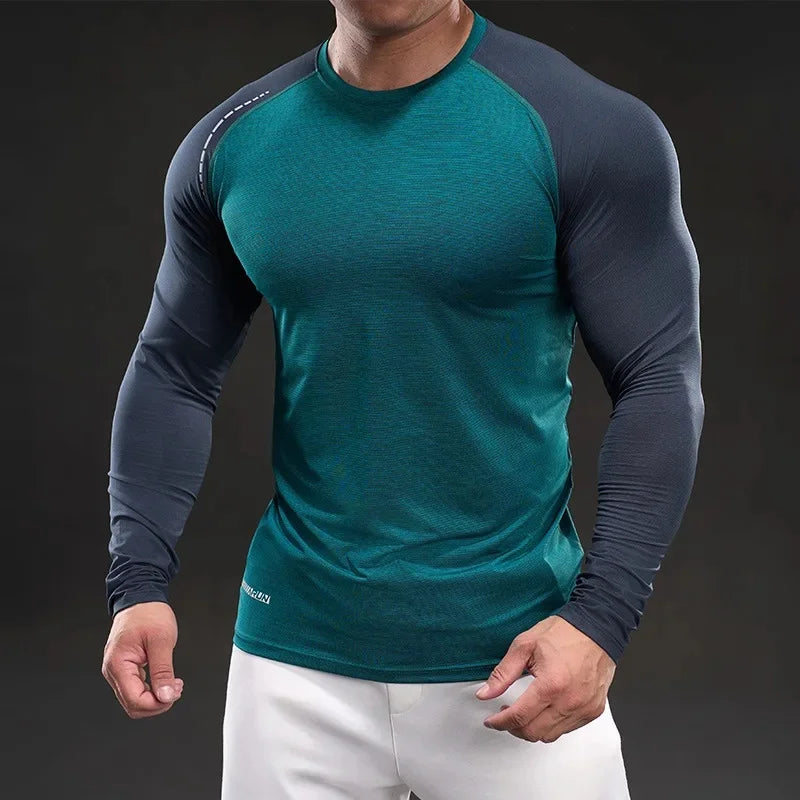 Casual Long Sleeve Crew Neck T-Shirt Fitness Training Outdoor Wear Quick Dry Solid Color Muscle Fit American Style Mens clothing